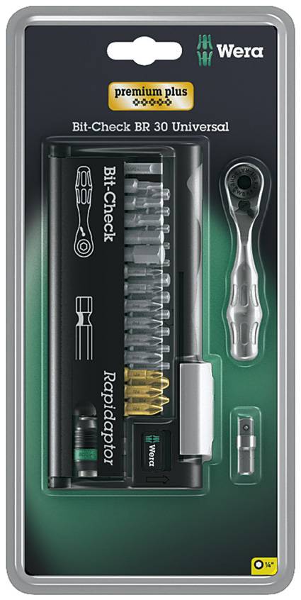 Bit-Set in Blisterverpackung mit 30 Bits, Ratschengriff und Adapter. Marke 'Wera', mit Aufschrift 'Bit-Check BR 30 Universal'.