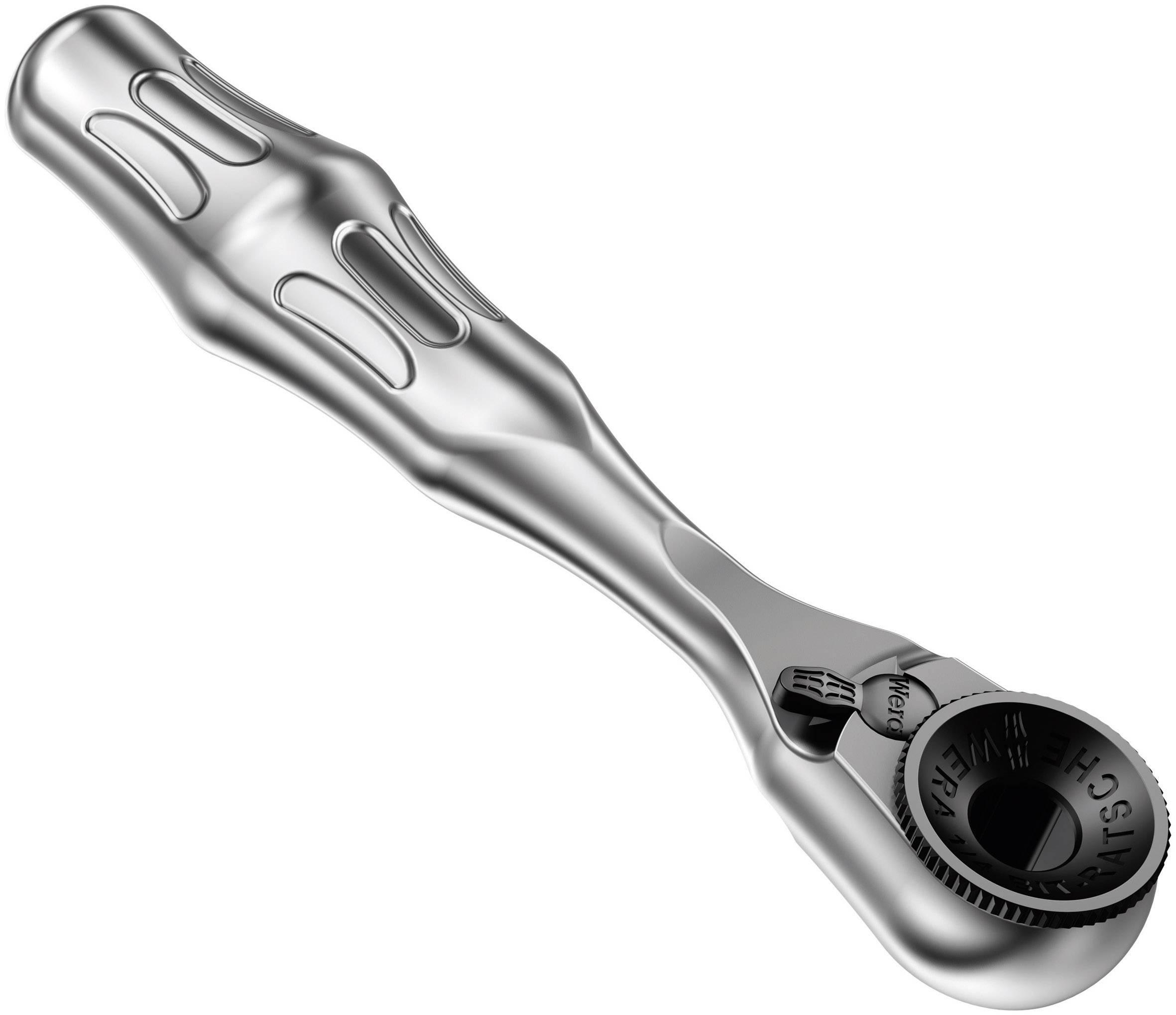 Eine silberne Ratsche mit ergonomischem Griff und einem drehbaren Kopf, ideal für schnelles und effizientes Schrauben in beengten Räumen.
