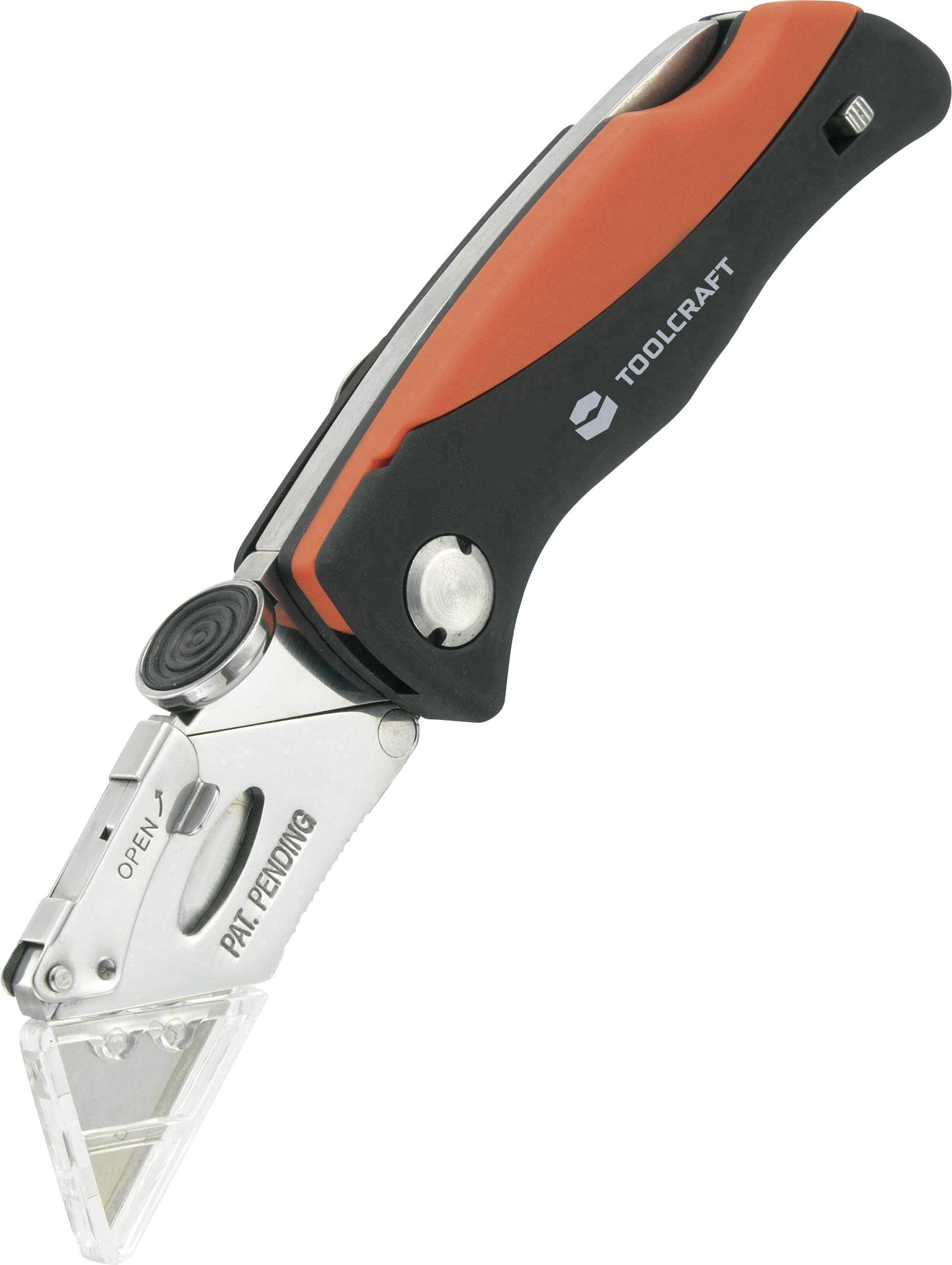 Klappbares Universalmesser mit ergonomischem Griff, schwarz-orange, Marke 'Toolcraft'. Metallklinge mit Sicherheitsverriegelung.