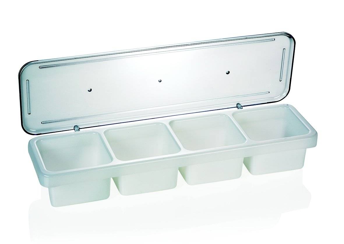 Einfacher Obst- + Beilagenbehälter 47x14x7cm mit 4 Einsätzen 0,6 Ltr.
