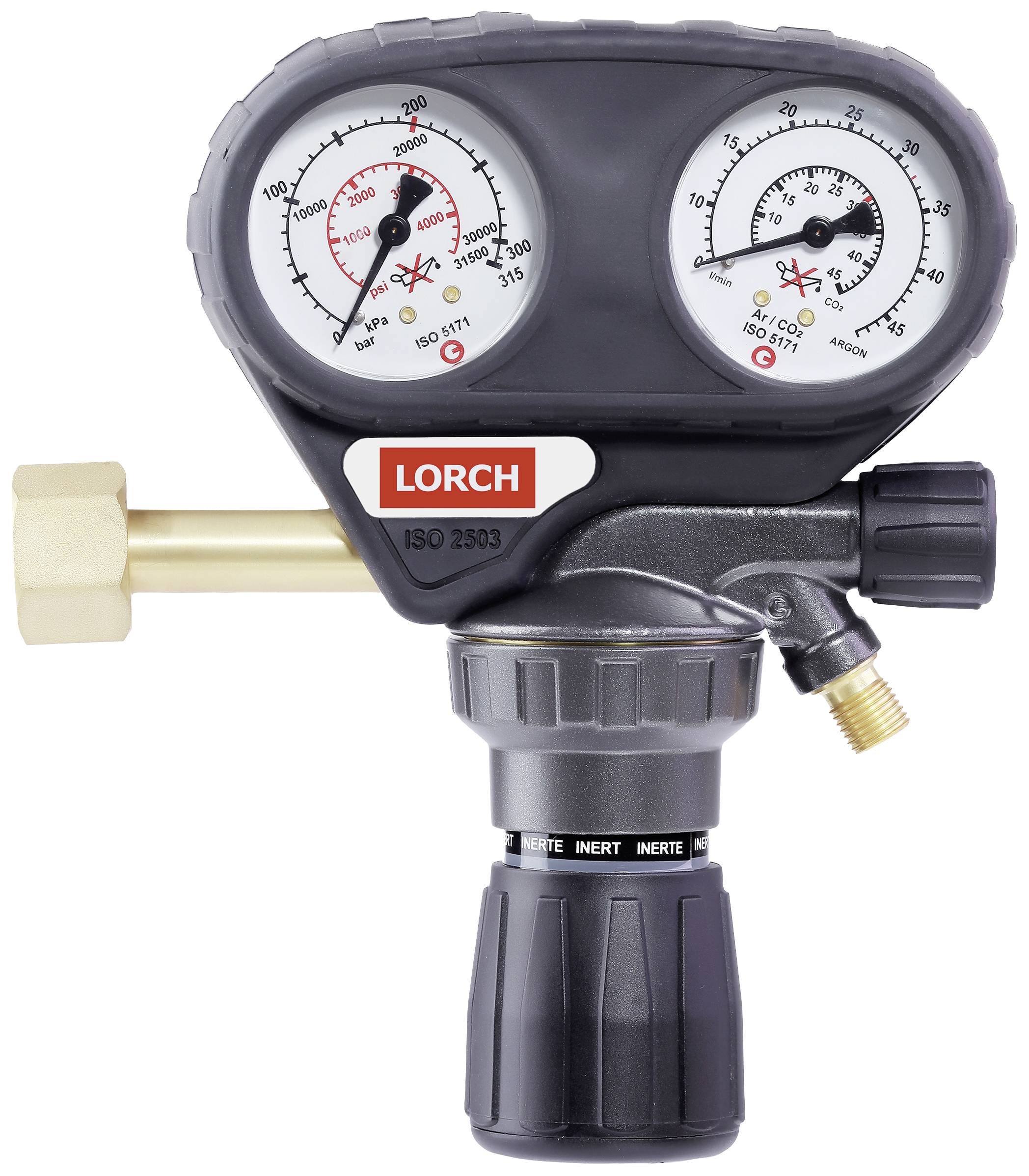 Druckregler für Schweißen mit zwei Manometern zur Druckanzeige. Markiert mit 'LORCH' und ISO 2503. Ventil und Regler sichtbar.