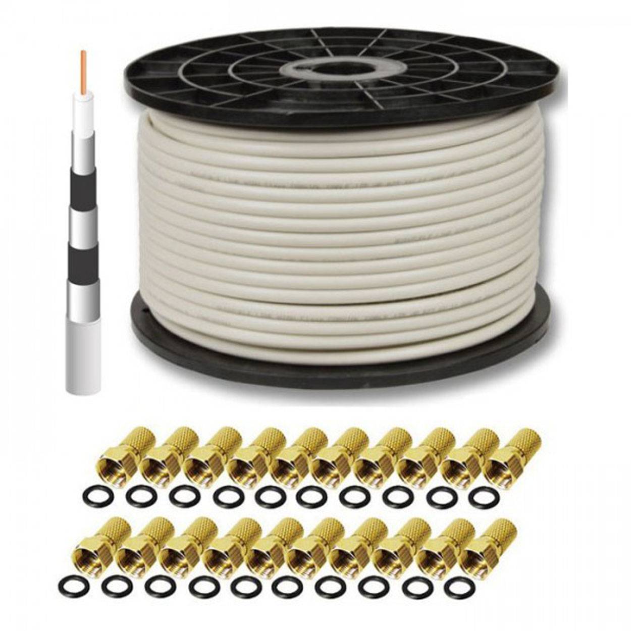 PremiumX DELUXE PRO Koaxial Kabel 5-Fach geschirmt, reines Kupfer 100 Meter SAT Antennenkabel + 20 F-Stecker 8mm