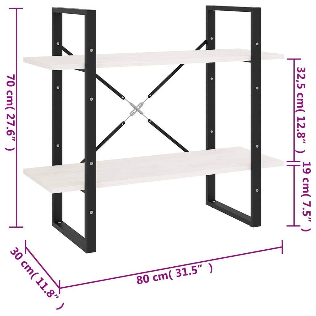 vidaXL Bücherregal 2 Böden Weiß 80x30x70 cm Massivholz Kiefer
