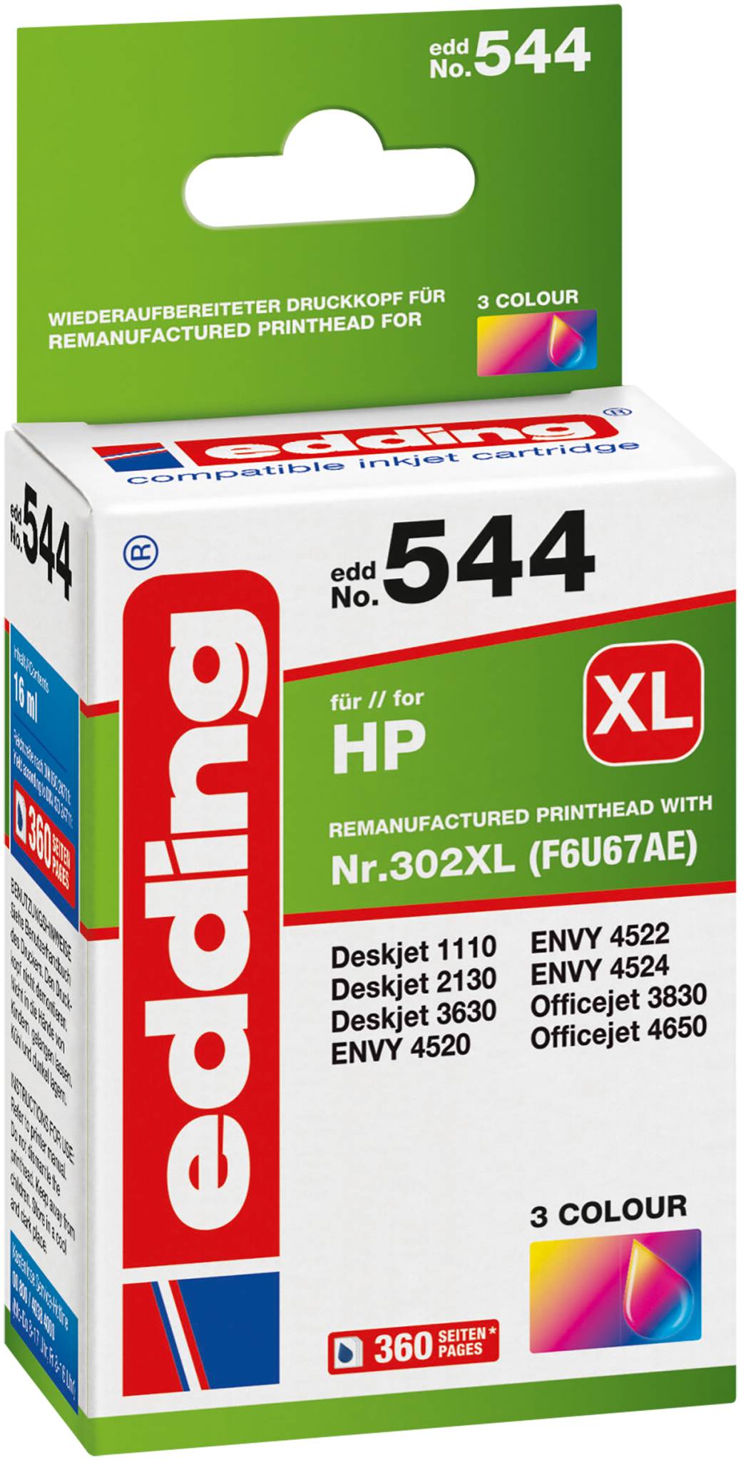 Edding Druckerpatrone 18-544 Kompatibel ersetzt HP 302XL, F6U67AE Cyan, Magenta, Gelb 18-544