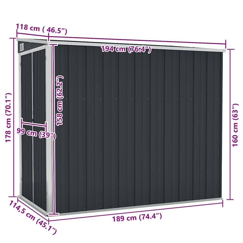vidaXL Anbauschuppen Anthrazit 118x194x178 cm Verzinkter Stahl