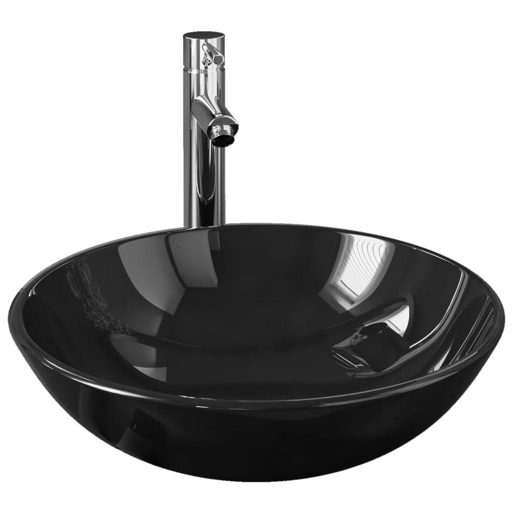 vidaXL Badezimmer Waschbecken mit Wasserhahn Ablaufgarnitur Schwarz