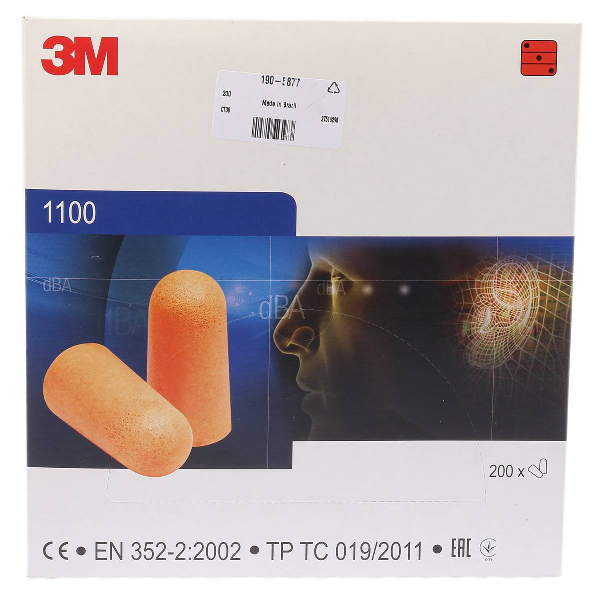 3M 1100 Einweg Gehörschutzstöpsel , Polyurethan Orange, SNR 37dB, 200 Paar // Packung a 200 Stück