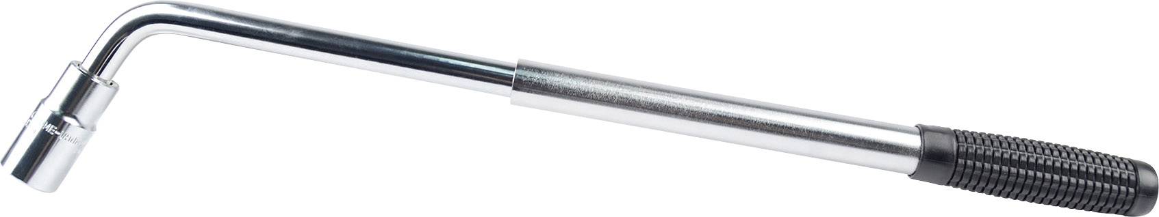 Ein silberner Radmutternschlüssel mit schwarzem Griff, geeignet zum Lösen oder Festziehen von Radmuttern an Fahrzeugen.