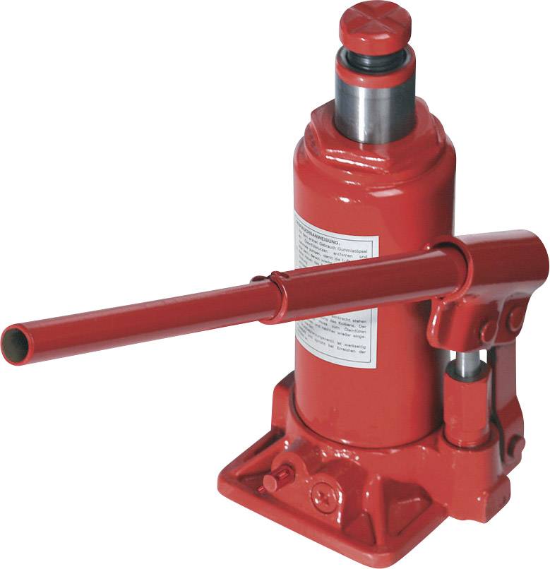 Ein roter Wagenheber mit Hebel zur Höhenverstellung. Geeignet zum Anheben schwerer Lasten für Reparatur- oder Wartungsarbeiten.