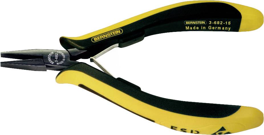 Eine gelb-schwarze Zange der Marke Bernstein, Modell 3-682-15, 'Made in Germany', geeignet für elektrostatische Ableitung (ESD).