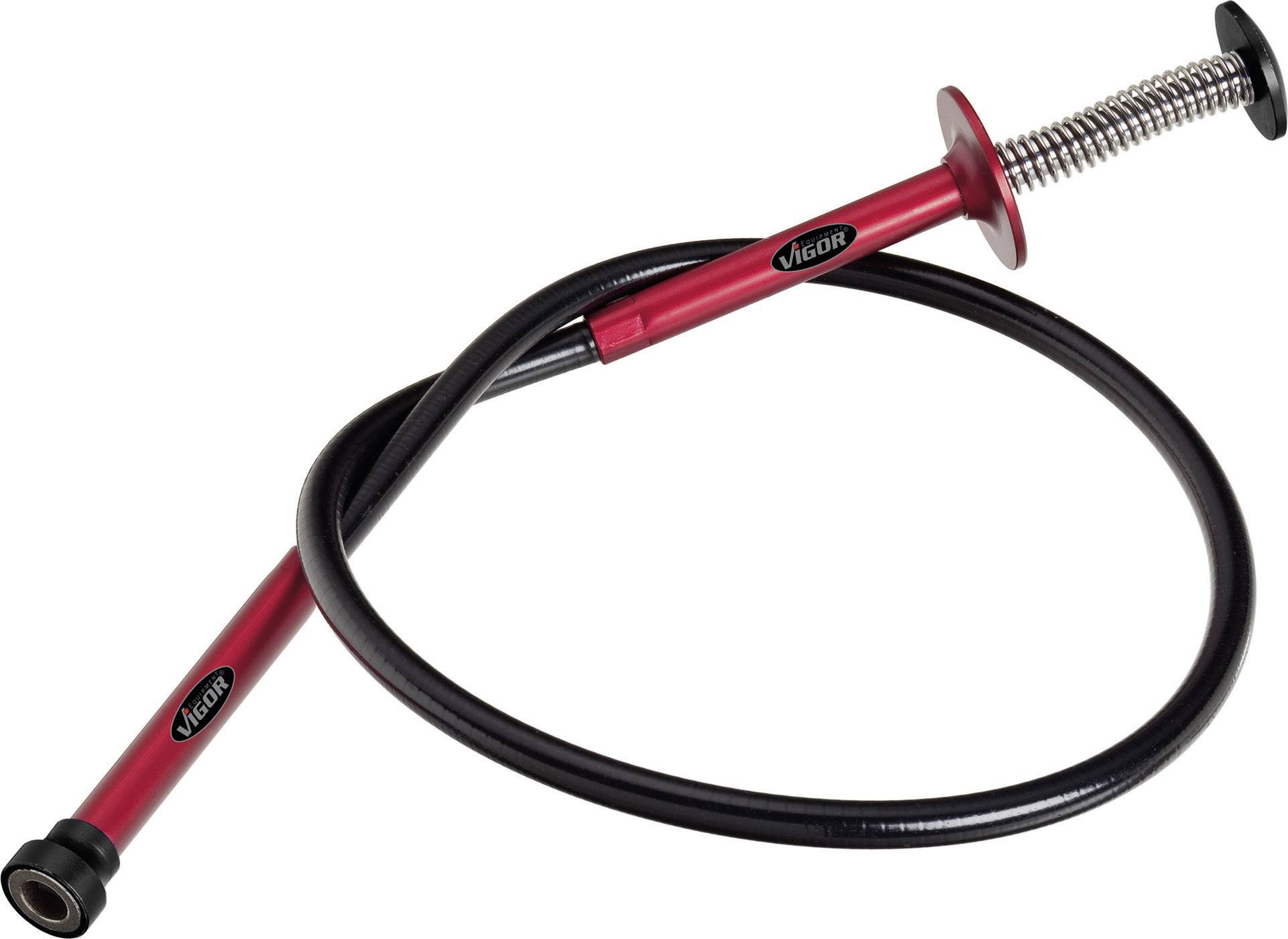 Das Bild zeigt ein rotes Greifwerkzeug mit einem flexiblen schwarzen Schlauch und einem Griff mit Druckmechanismus zum Halten von Objekten.