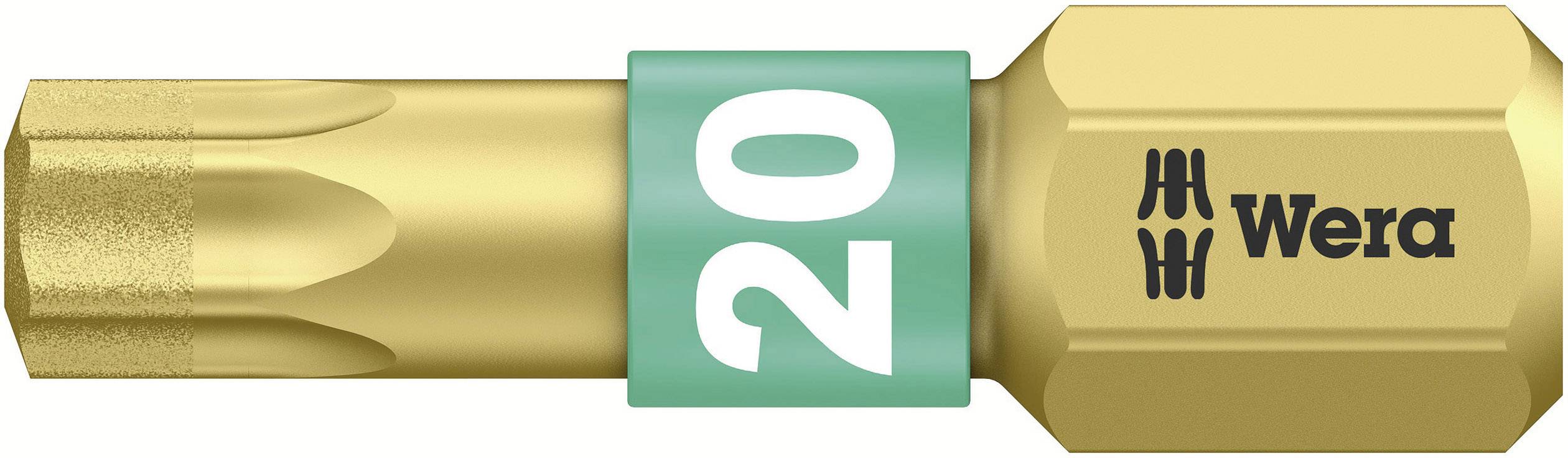Schraubendreher-Bit von Wera, goldfarben, Größe 20, mit geriffelter Spitze und grünem Ring für bessere Griffigkeit.
