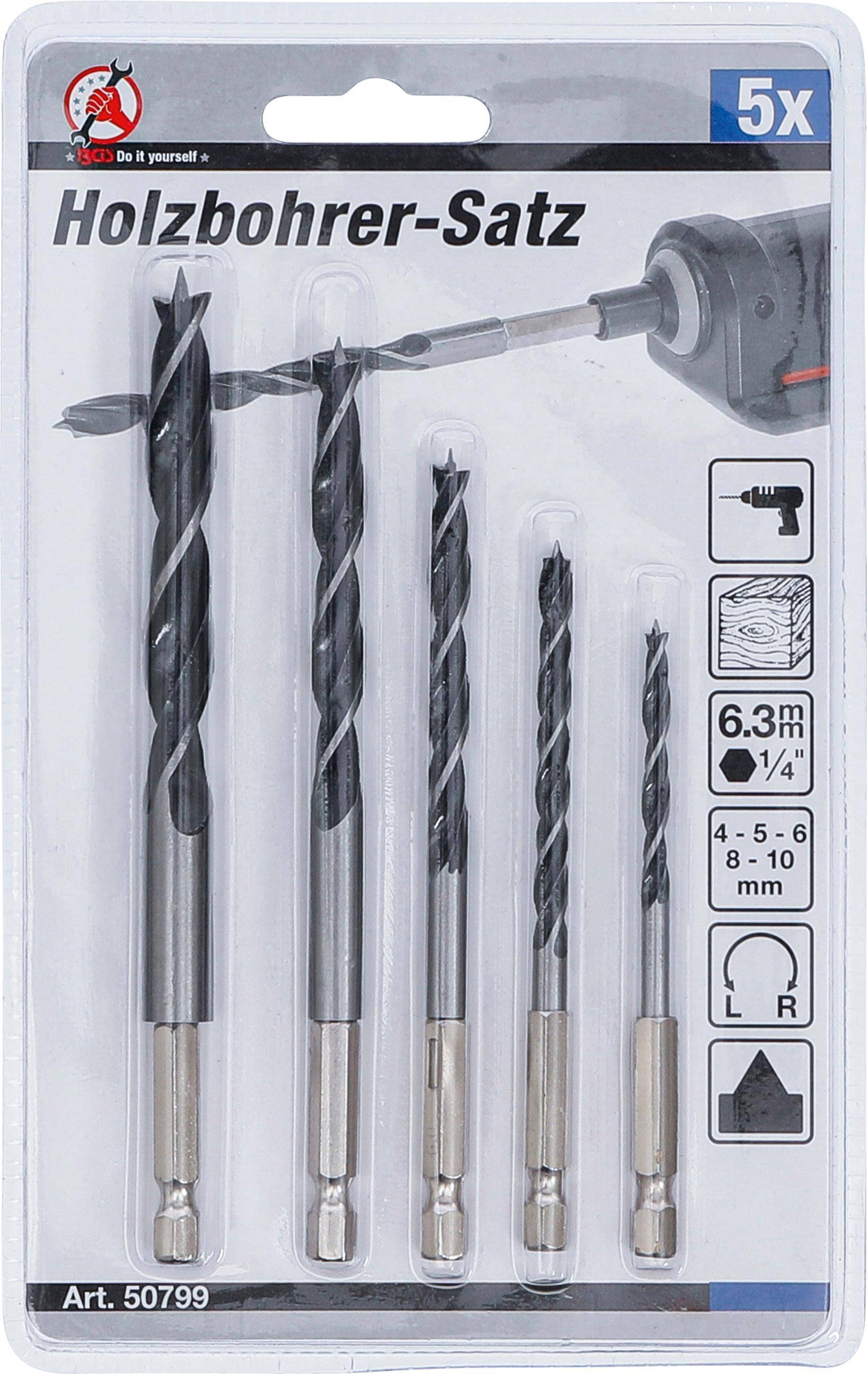BGS Diy Holzbohrer-Satz | 4 - 10 mm | Sechskantantrieb | 5-tlg.