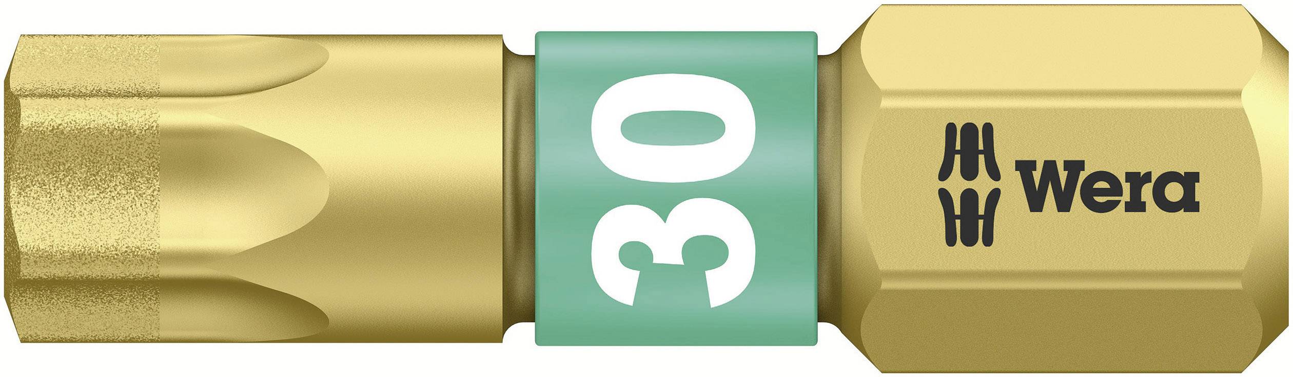 Wera Bit, Größe 30, mit grünem Mittelstück und goldener Beschichtung, zeigt das Logo und wird zum Schrauben verwendet.