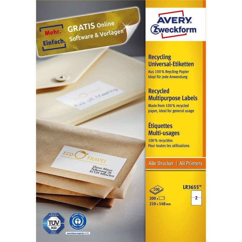 AVERY® Zweckform LR3655 Recycling Universal-Etiketten, 210 x 148 mm, 100 Bogen/2