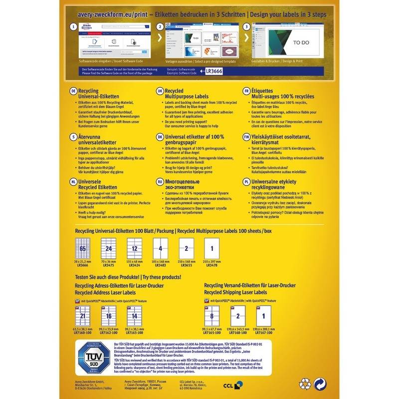AVERY® Zweckform LR3655 Recycling Universal-Etiketten, 210 x 148 mm, 100 Bogen/2