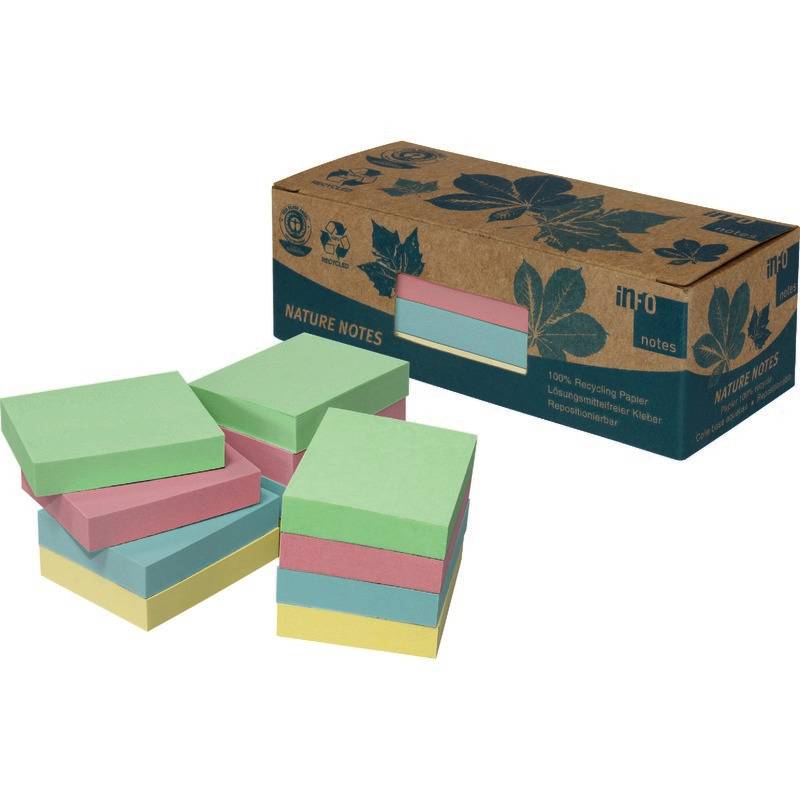 INFO NOTES Recycling Haftnotizen Nature Notes, farbsortiert, 50 x 40 mm, 12 Blöc