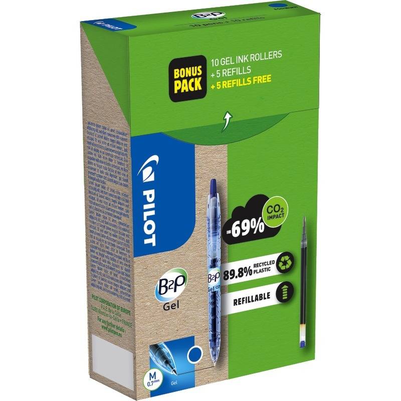 Spar-Set! 10 PILOT Gelschreiber B2P Bottle to Pen BeGreen + 10 Ersatzminen, blau