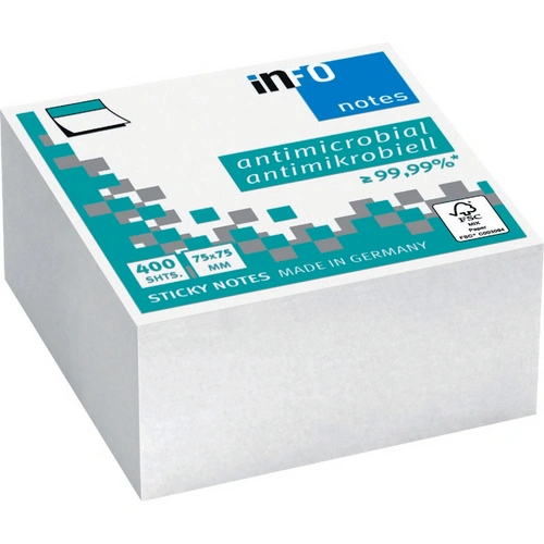 INFO NOTES Antimikrobielle Haftnotizen-Würfel, 75 x 75 mm, 400 Blatt, weiß INFO NOTES Antimikrobielle Haftnotizen-Würfel, 75 x 75 mm, 400 Blatt, weiß