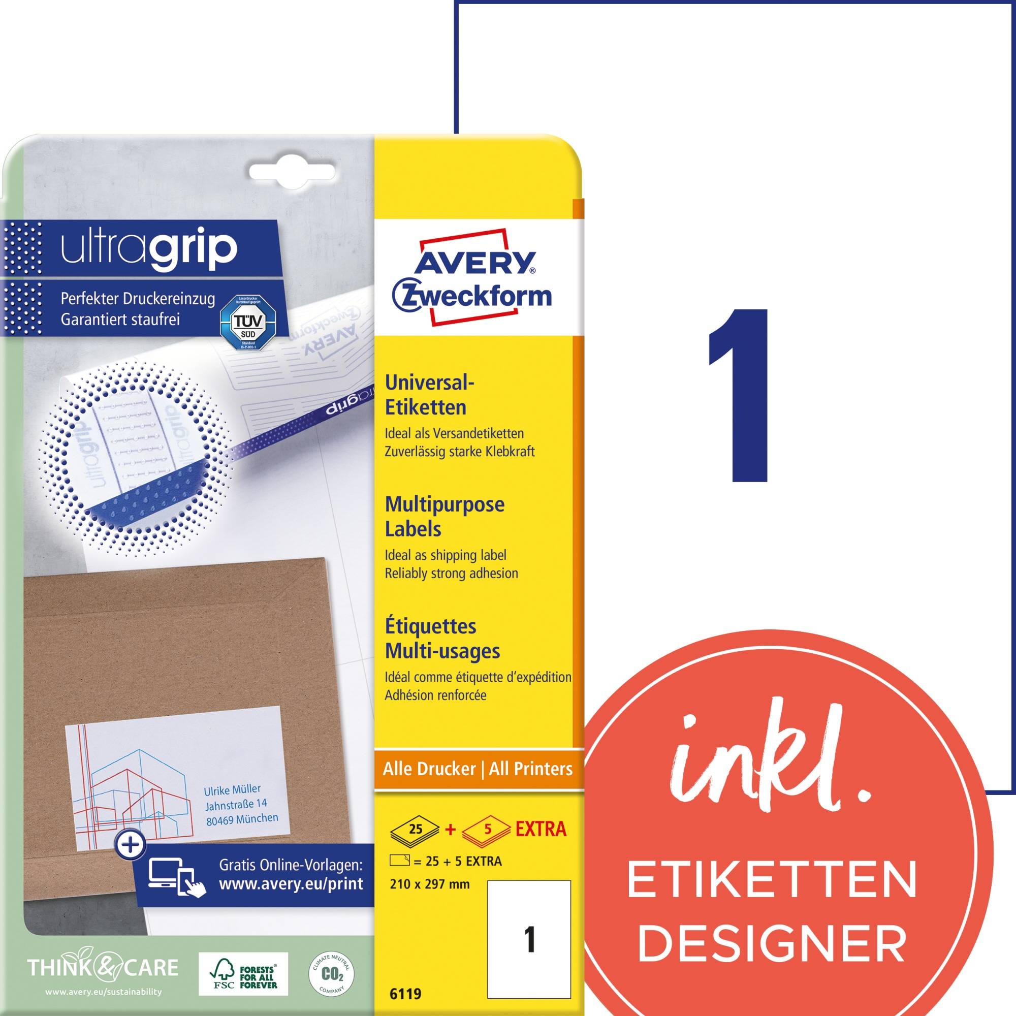 Avery-Zweckform 6119 Universal-Etiketten 210 x 297mm Papier Weiß 30 St. Permanent haftend Tintenstrahldrucker, Laserdrucker