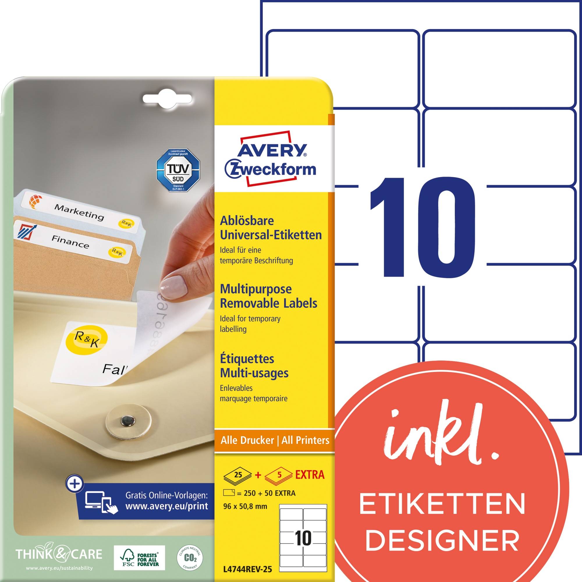 Avery-Zweckform L4744REV-25 Universal-Etiketten 96 x 50.8mm Papier Weiß 300 St. Wiederablösbar Tintenstrahldrucker, Laserdrucker