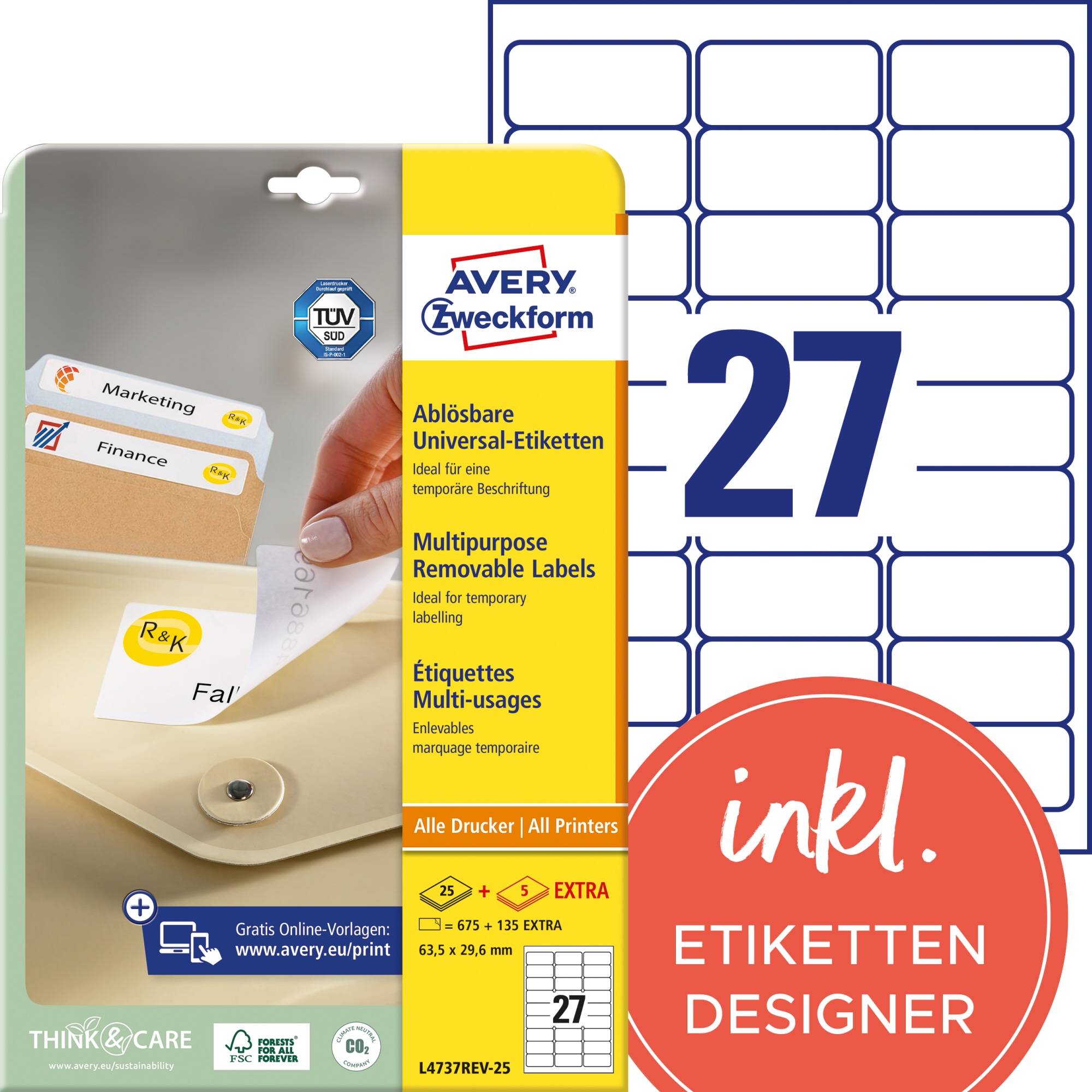 Avery-Zweckform L4737REV-25 Universal-Etiketten 63.5 x 29.6mm Papier Weiß 810 St. Wiederablösbar Tintenstrahldrucker