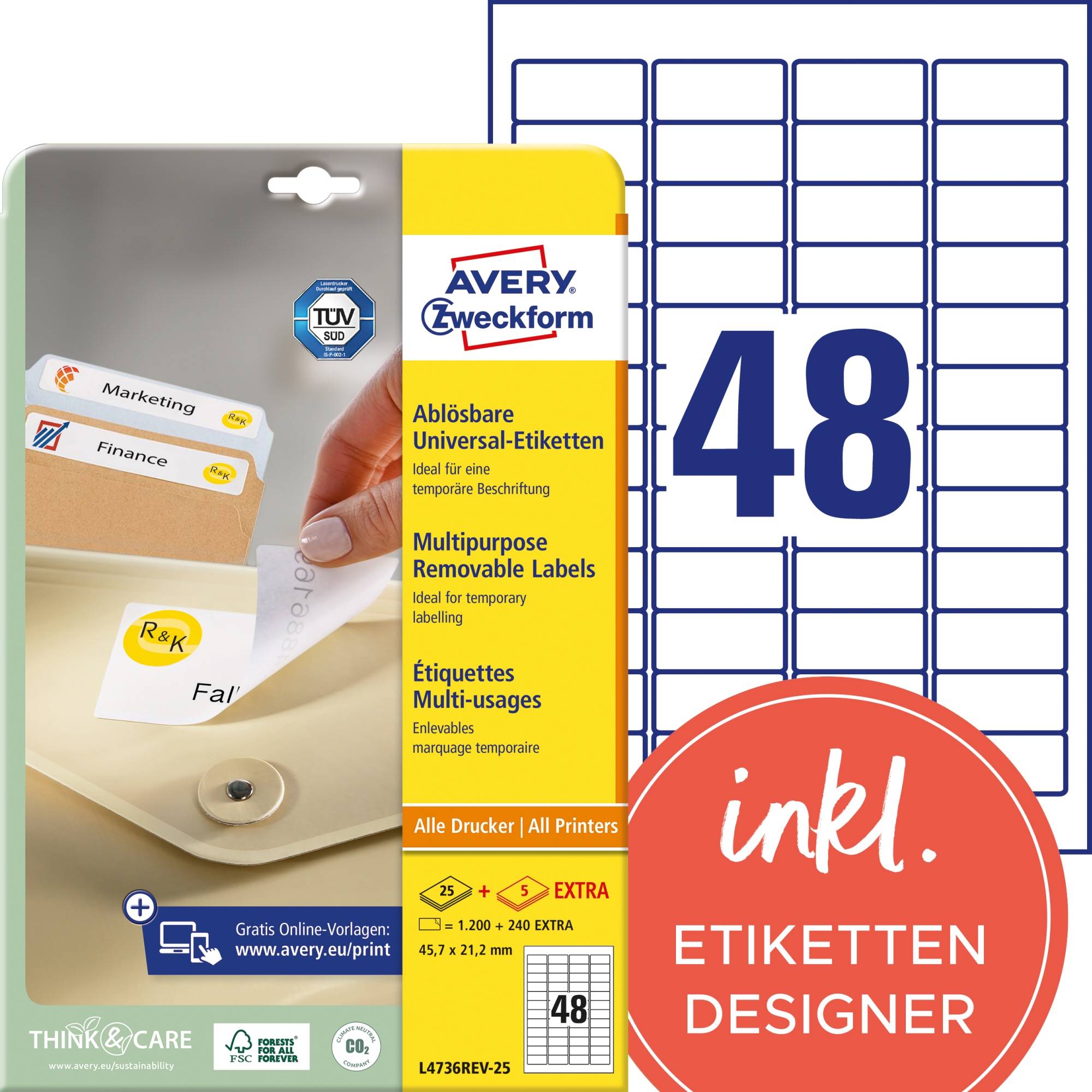 Avery-Zweckform L4736REV-25 Universal-Etiketten 45.7 x 21.2mm Papier Weiß 1440 St. Wiederablösbar Tintenstrahldrucker