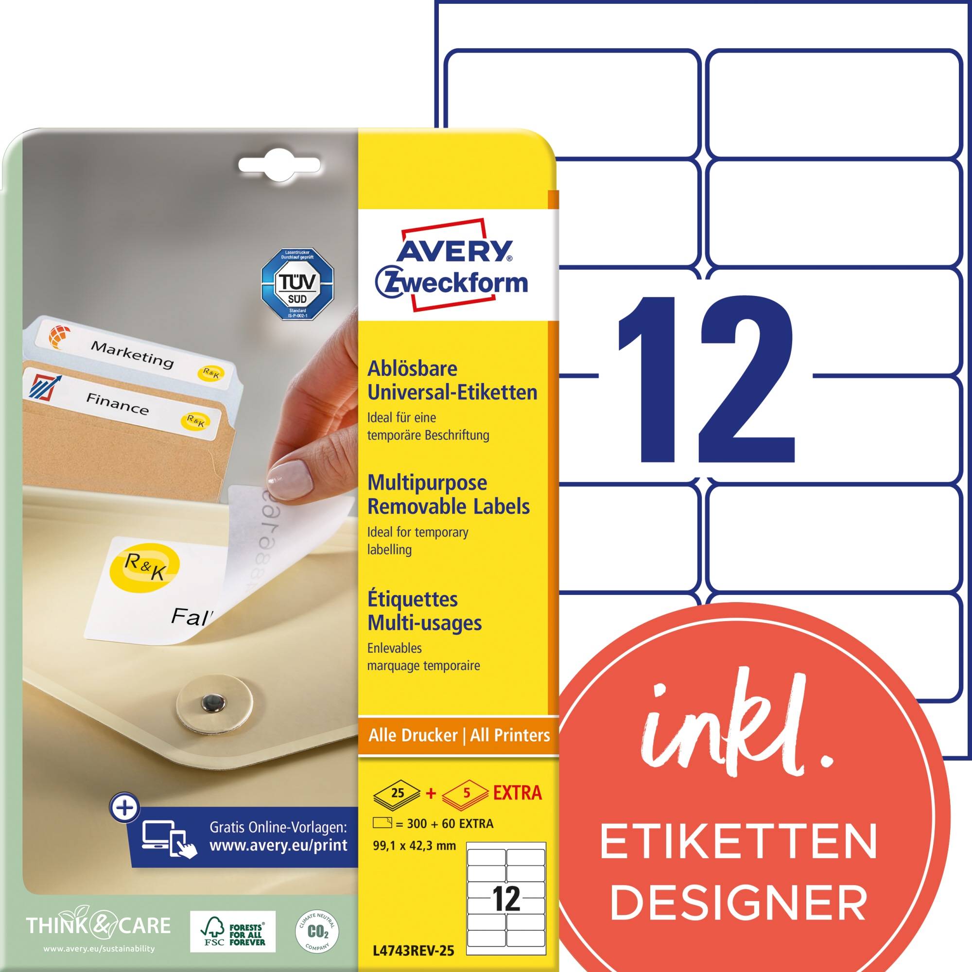 Avery-Zweckform L4743REV-25 Universal-Etiketten 99.1 x 42.3mm Papier Weiß 360 St. Wiederablösbar Tintenstrahldrucker