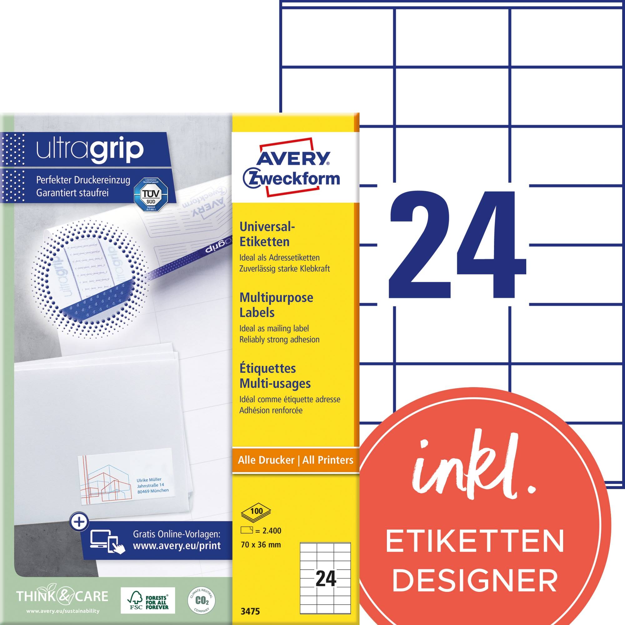 Avery-Zweckform 3475 Universal-Etiketten 70 x 36mm Papier Weiß 2400 St. Permanent haftend Tintenstrahldrucker, Laserdrucker