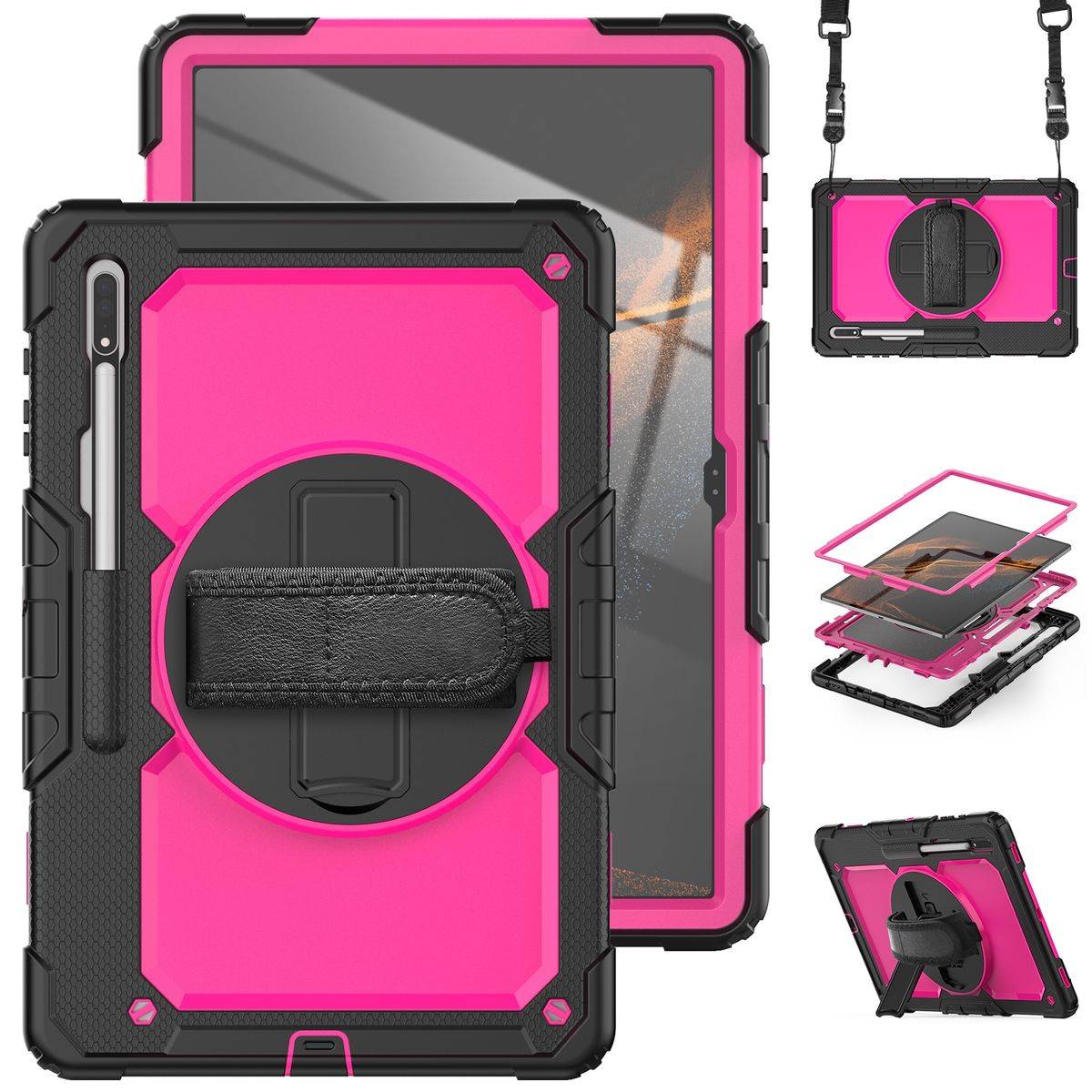 Für Samsung Galaxy Tab S8 Ultra aufstellbare Outdoor Hybrid Hülle Rose 360 Grad mit Trage Gurt Tablet Tasche Cover Case Schutz Robust Neu