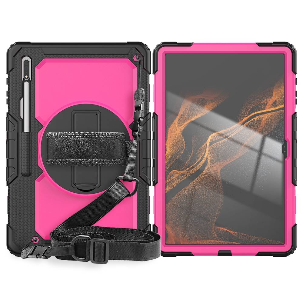 Für Samsung Galaxy Tab S8 Ultra aufstellbare Outdoor Hybrid Hülle Rose 360 Grad mit Trage Gurt Tablet Tasche Cover Case Schutz Robust Neu