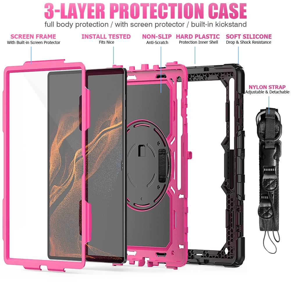 Für Samsung Galaxy Tab S8 Ultra aufstellbare Outdoor Hybrid Hülle Rose 360 Grad mit Trage Gurt Tablet Tasche Cover Case Schutz Robust Neu