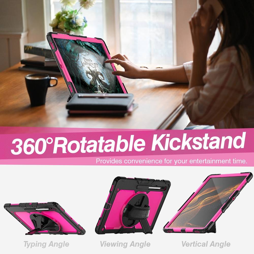 Für Samsung Galaxy Tab S8 Ultra aufstellbare Outdoor Hybrid Hülle Rose 360 Grad mit Trage Gurt Tablet Tasche Cover Case Schutz Robust Neu