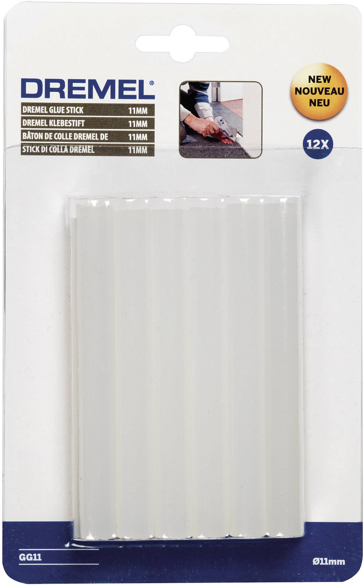 Verpackung mit Dremel-Klebestiften, 12 Stück à 11 mm. Vorderseite zeigt Hände, die einen Klebestift in einem Gerät verwenden.