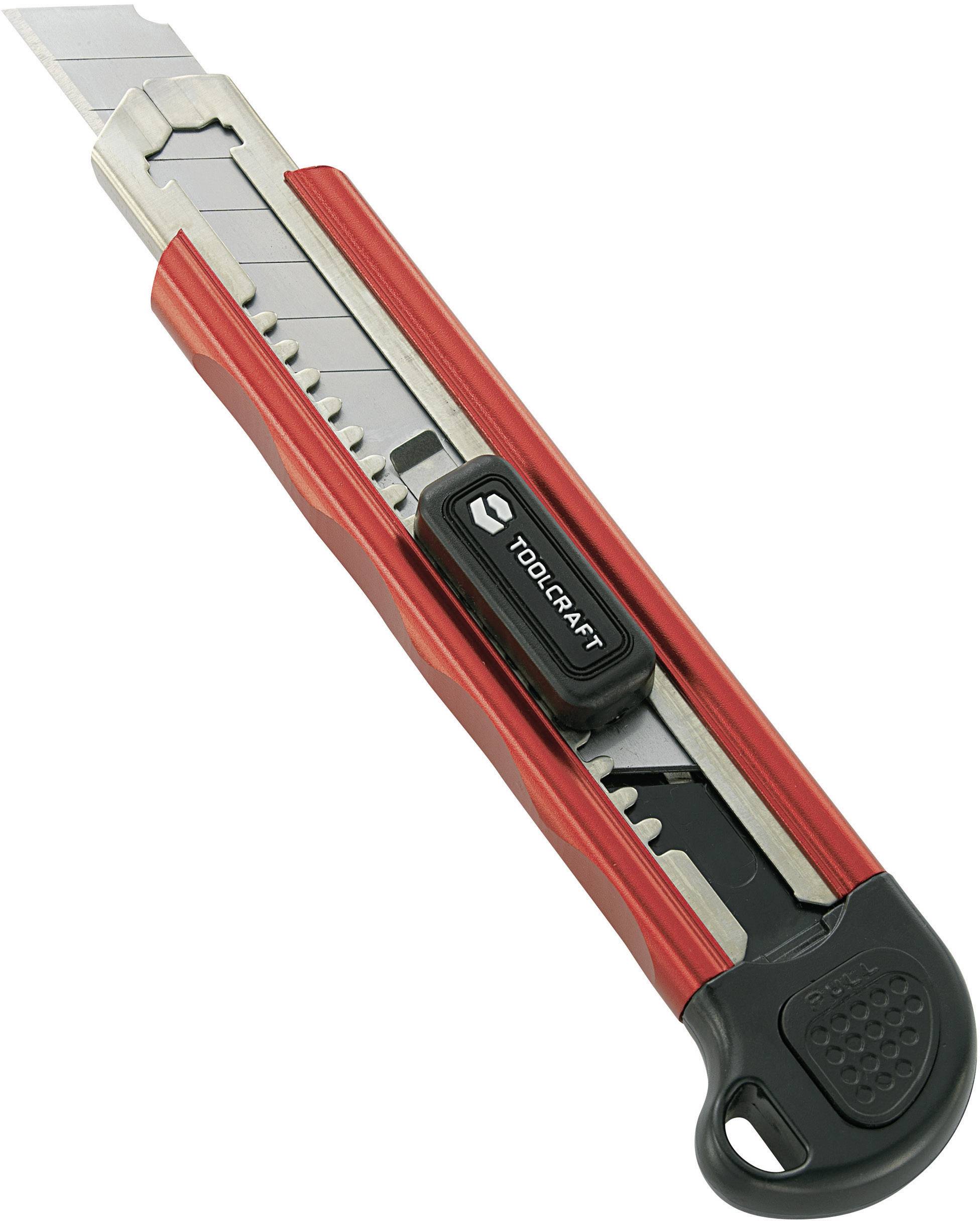 Ein rotes Teppichmesser mit schwarzem Griff und einziehbarer, feststellbarer Klinge, geeignet für Schneidearbeiten.