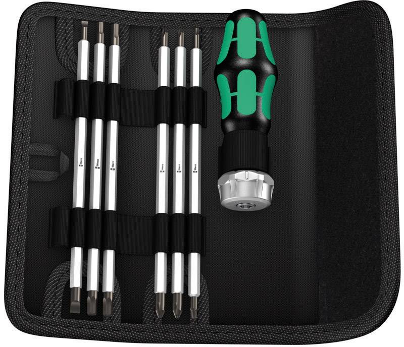 Ein Schraubendreher-Set mit sechs auswechselbaren Bits in einer schwarzen Tasche. Der Griff ist schwarz mit grünen Akzenten.