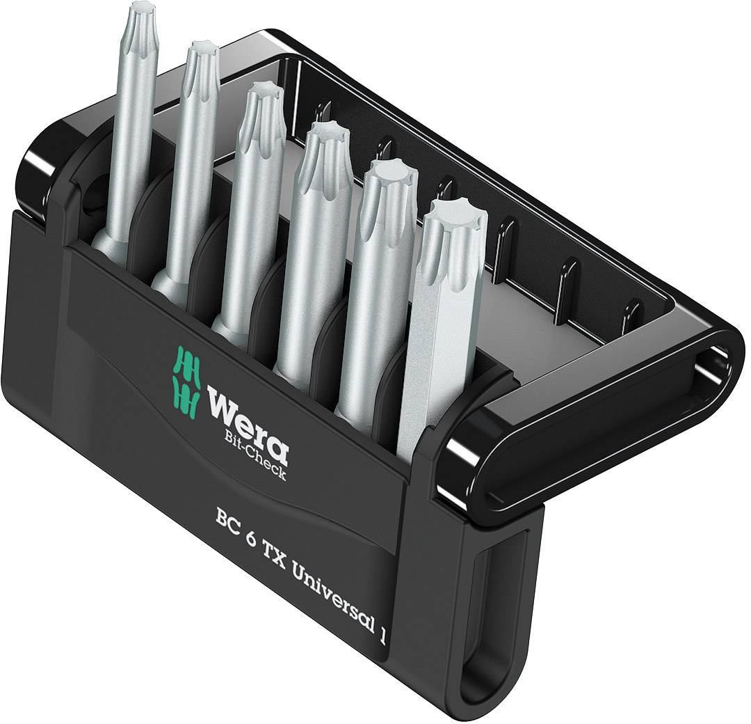 Ein Set aus sechs silbernen Schraubendreher-Bits in einem schwarzen Halter mit der Aufschrift 'Wera Bit-Check 6 TX Universal 1'.