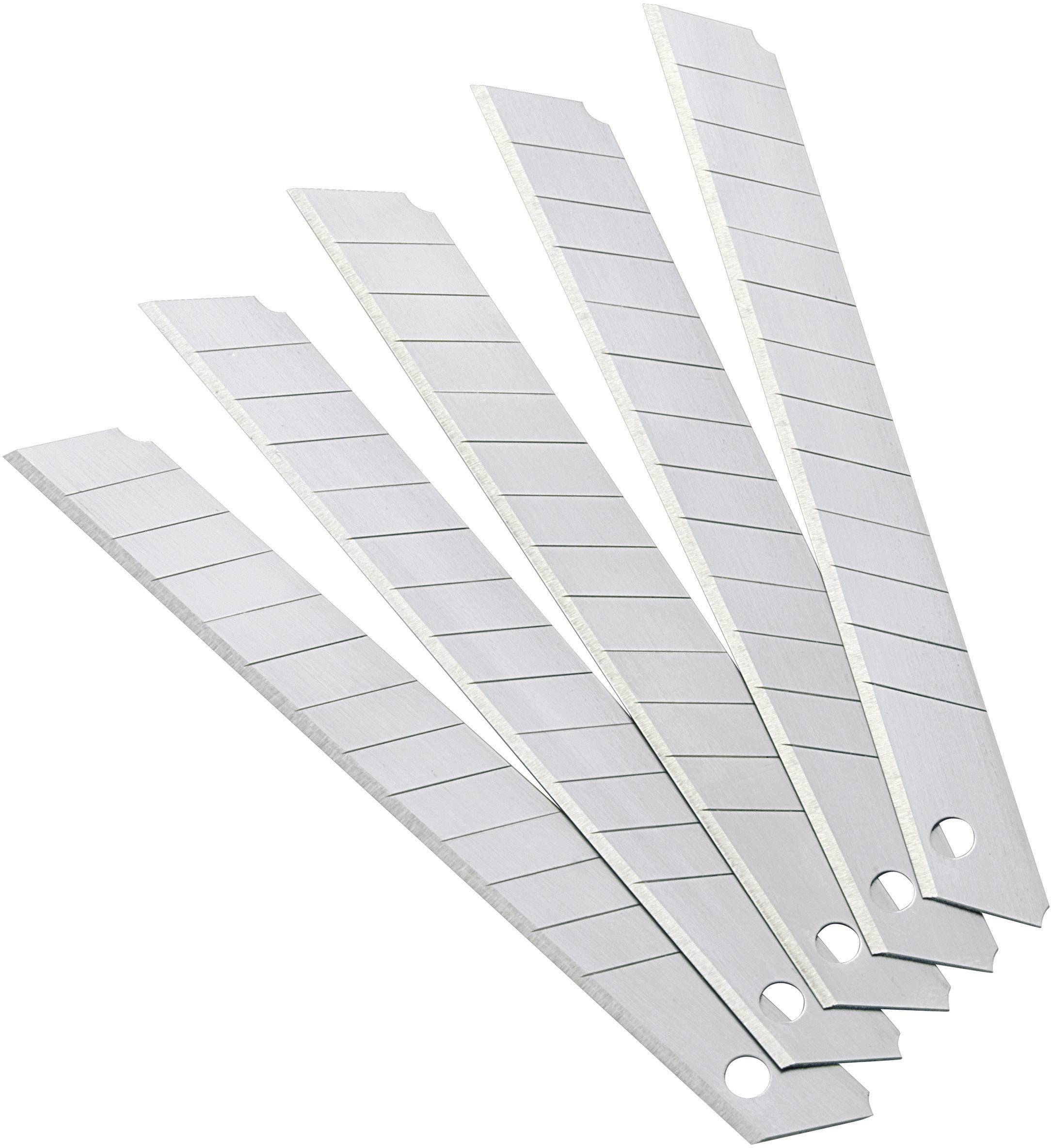 Fünf trapezförmige Ersatzklingen aus silbernem Metall mit vorgekerbten Linien zum Abbrechen, ausgebreitet und leicht überlappend.