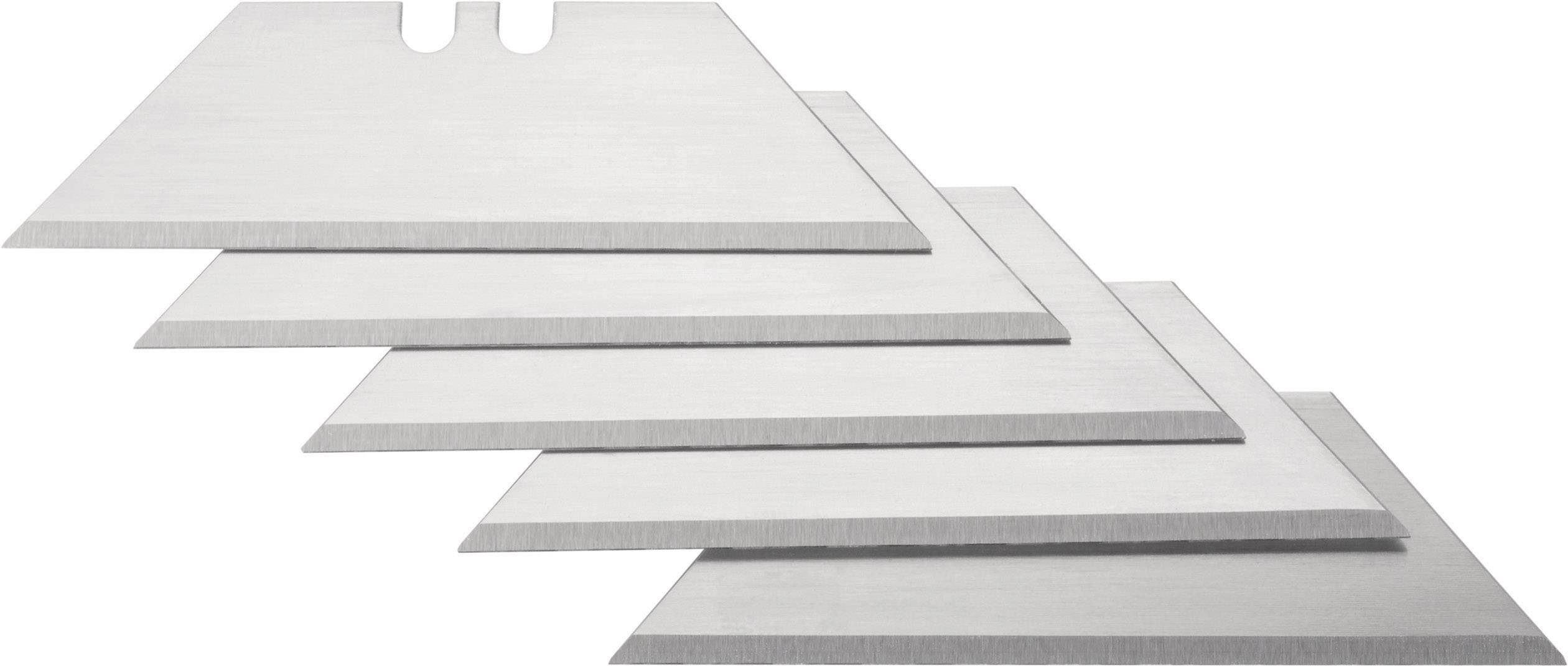 Fünf silberne Klingen liegen gestapelt schräg übereinander, zeigen scharfe und glänzende Schneidekanten.