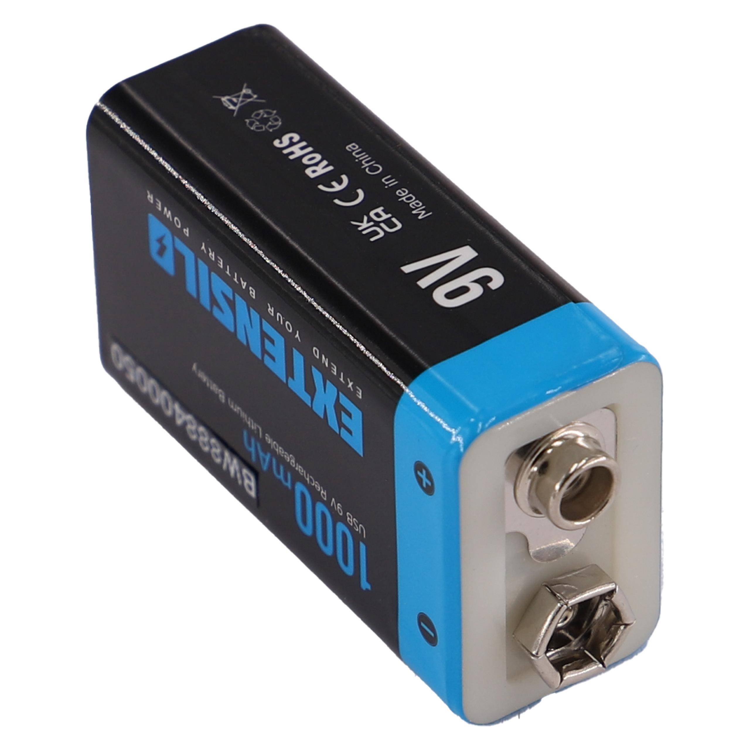 EXTENSILO 3x 9V-Akku Block Ersatz für Daitem BATV13 (1 Ah, 9 V, Li-Ion) | ready-to-use, mit Micro USB Buchse