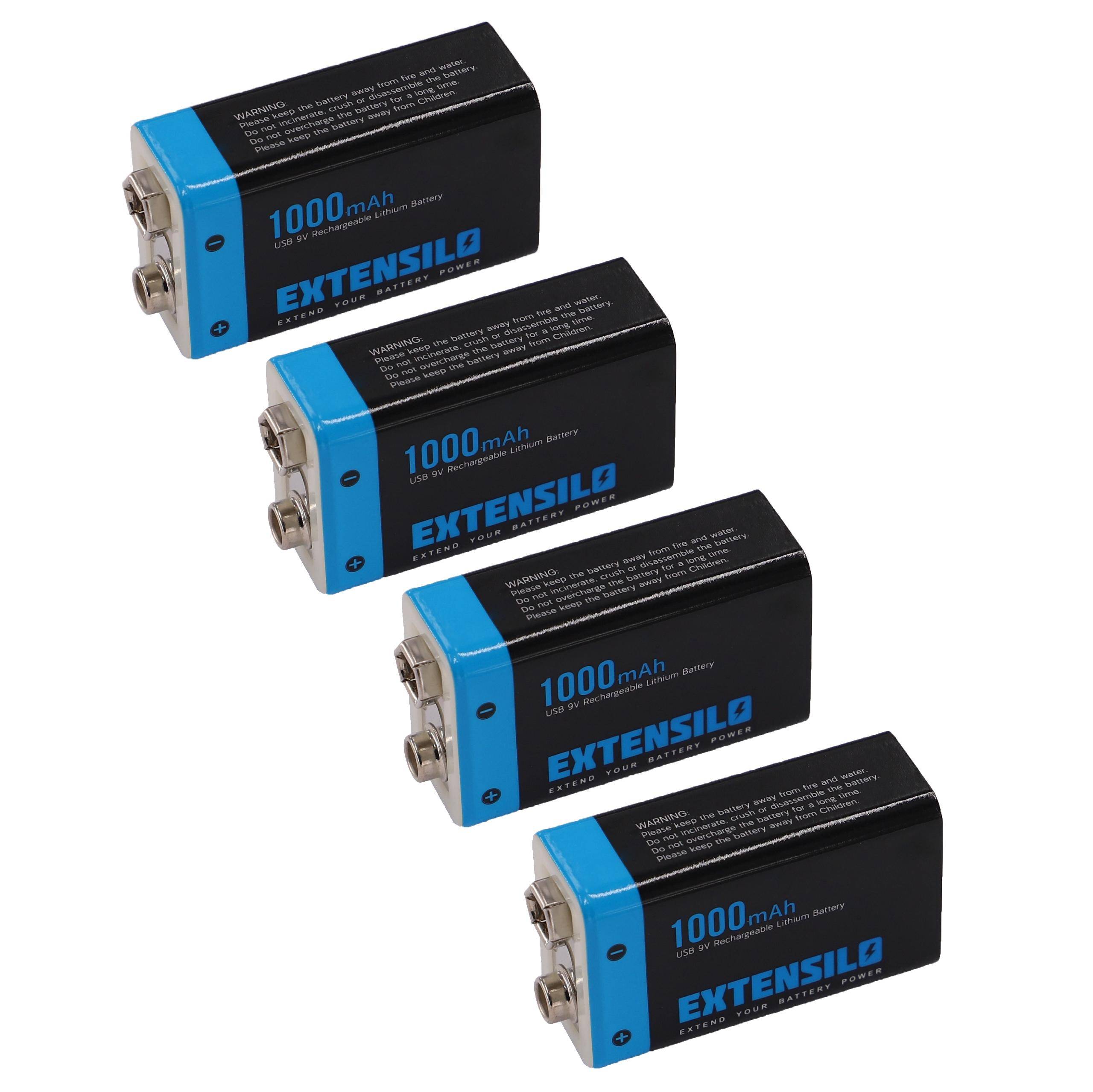EXTENSILO 4x 9V-Akku Block kompatibel mit Daitem DC270 | DC271, D21, DC272 (1 Ah, 9 V, Li-Ion), ready-to-use, mit Micro