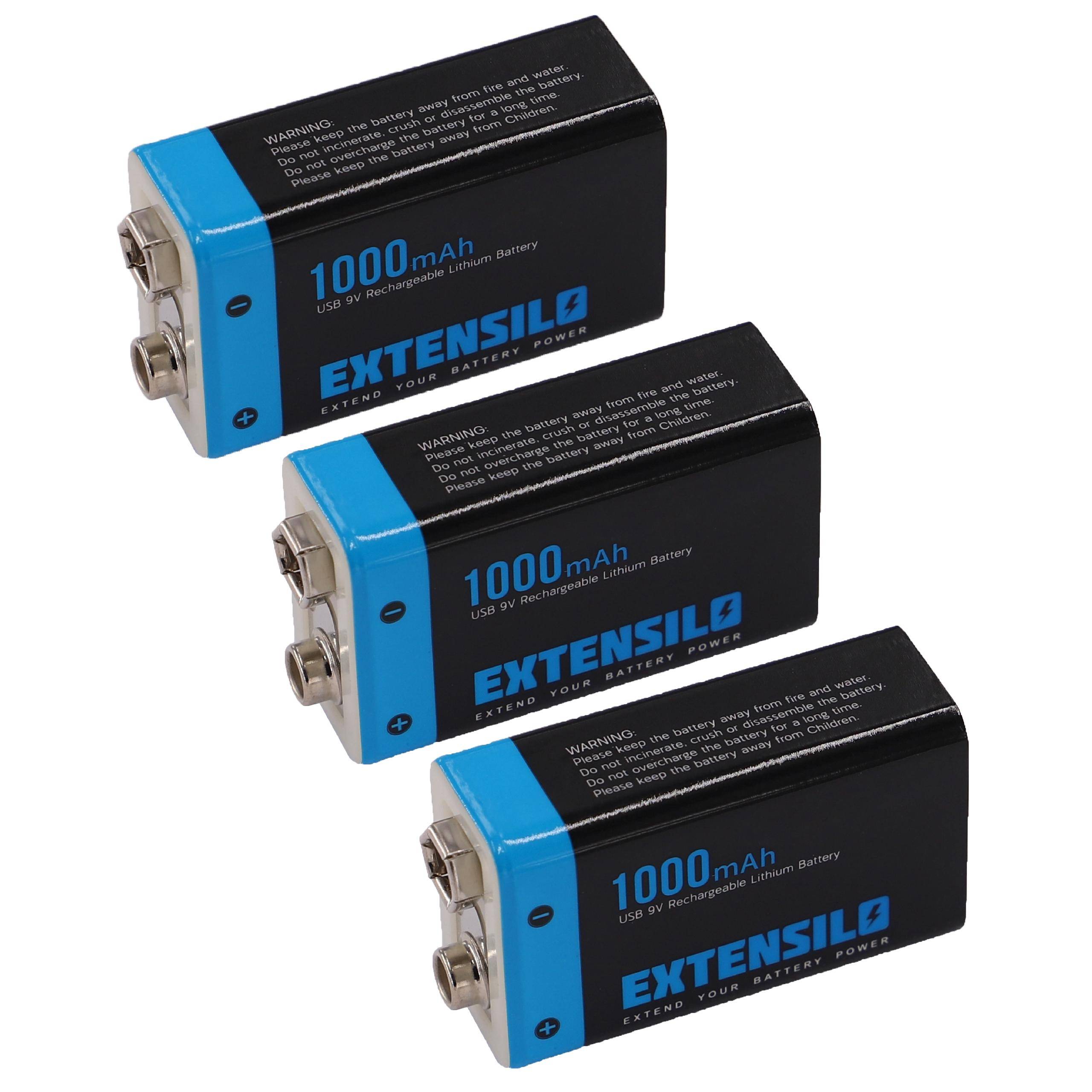 EXTENSILO 3x 9V-Akku Block Ersatz für Daitem BATV13 (1 Ah, 9 V, Li-Ion) | ready-to-use, mit Micro USB Buchse