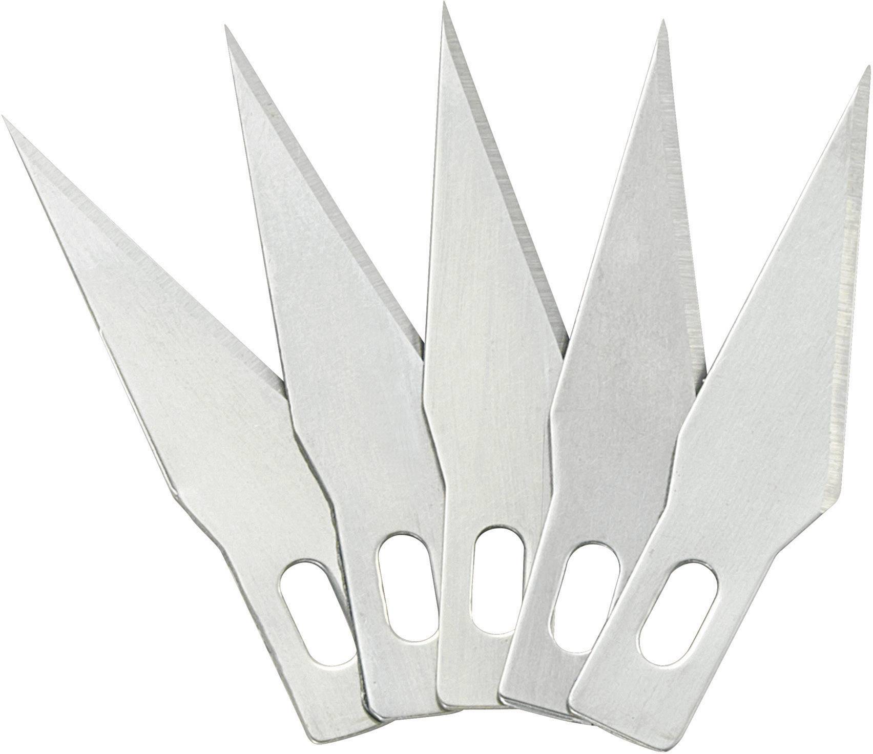 Fünf silberne Ersatzklingen für ein Präzisionsmesser nebeneinander, mit spitzen Enden und ovalen Öffnungen im Schaft.