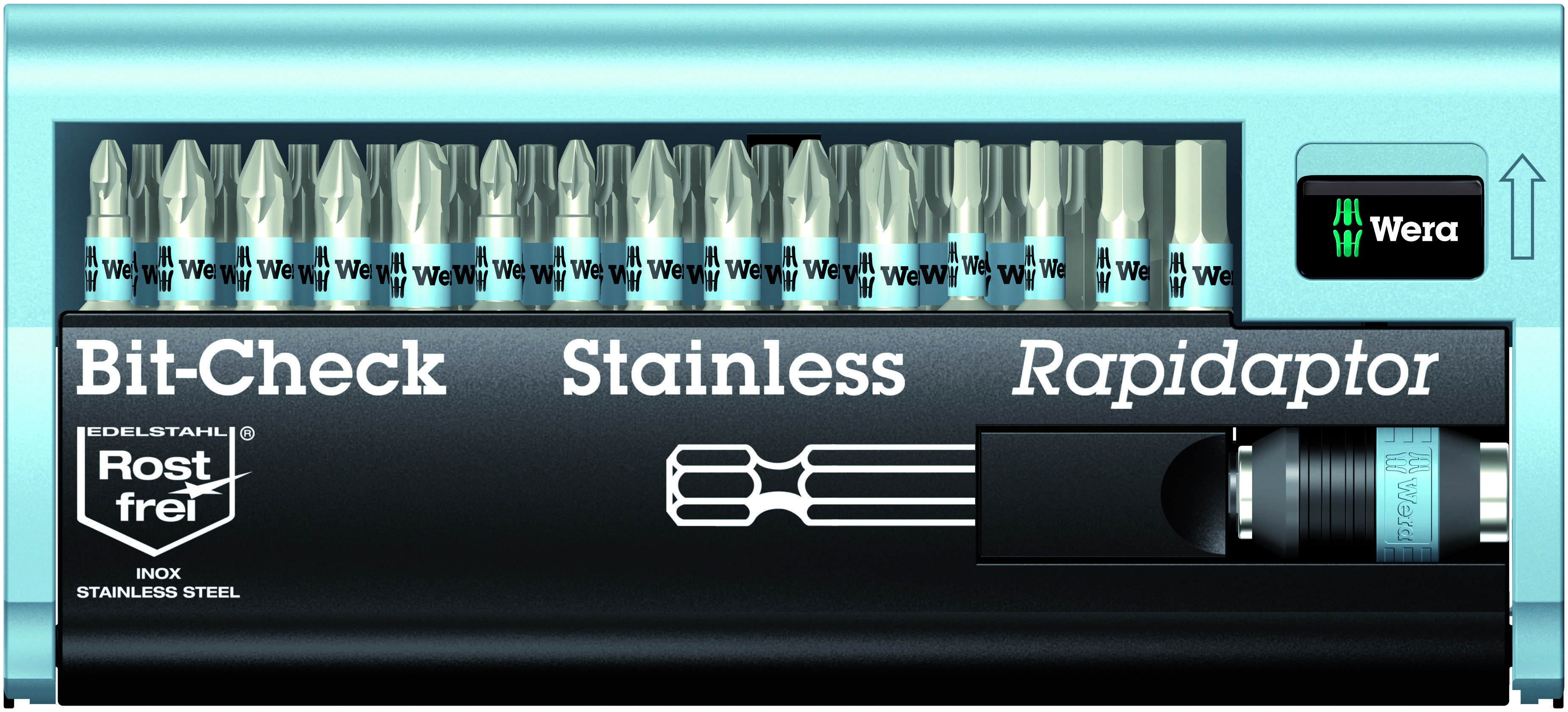 Die Abbildung zeigt eine Wera Bit-Box mit 15 Edelstahl-Bits und einem Rapidaptor. Aufschrift: 'Bit-Check', 'Stainless', 'Rapidaptor'.