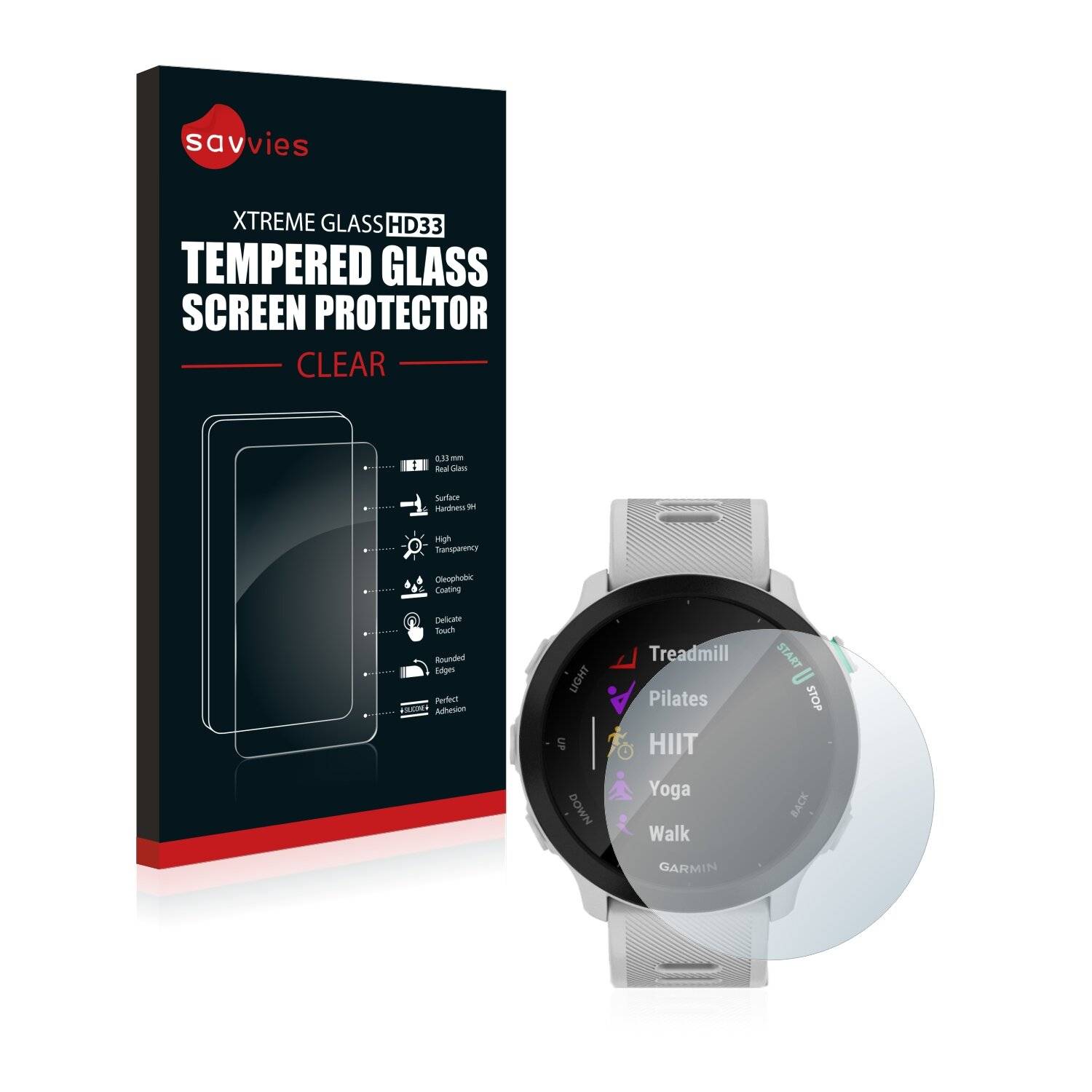 Savvies Schutzglas für Garmin Forerunner 55 Echtglas 9H-Härte klar