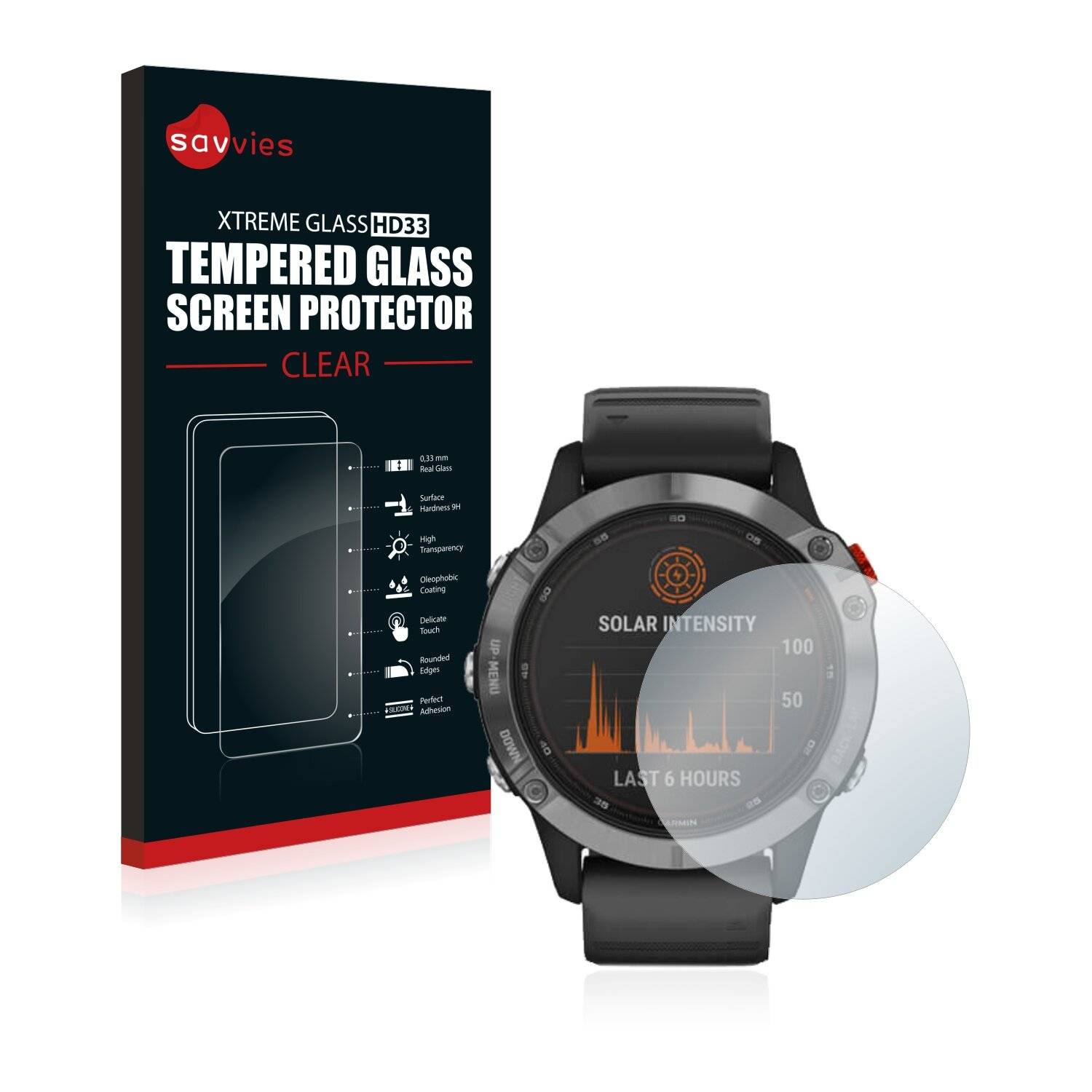 Savvies Schutzglas für Garmin Fenix 6 Solar Echtglas 9H-Härte klar