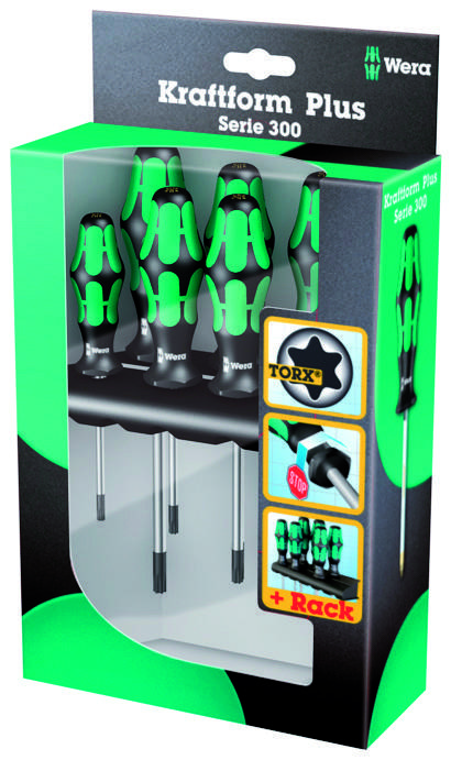 'Wera Kraftform Plus Serie 300' Schraubendreher-Set, bestehend aus mehreren grünen und schwarzen Schraubendrehern in einer Verpackung.