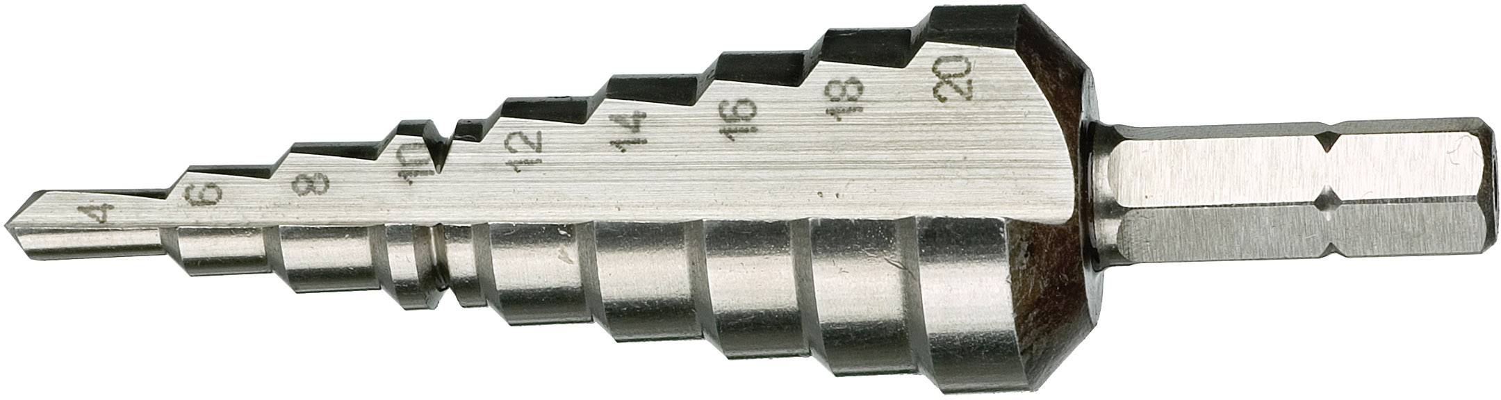 Stufenbohrer aus Metall mit markierten Durchmessern von 4 bis 20 Millimetern, verwendet zum Bohren von Löchern in verschiedenen Größen.