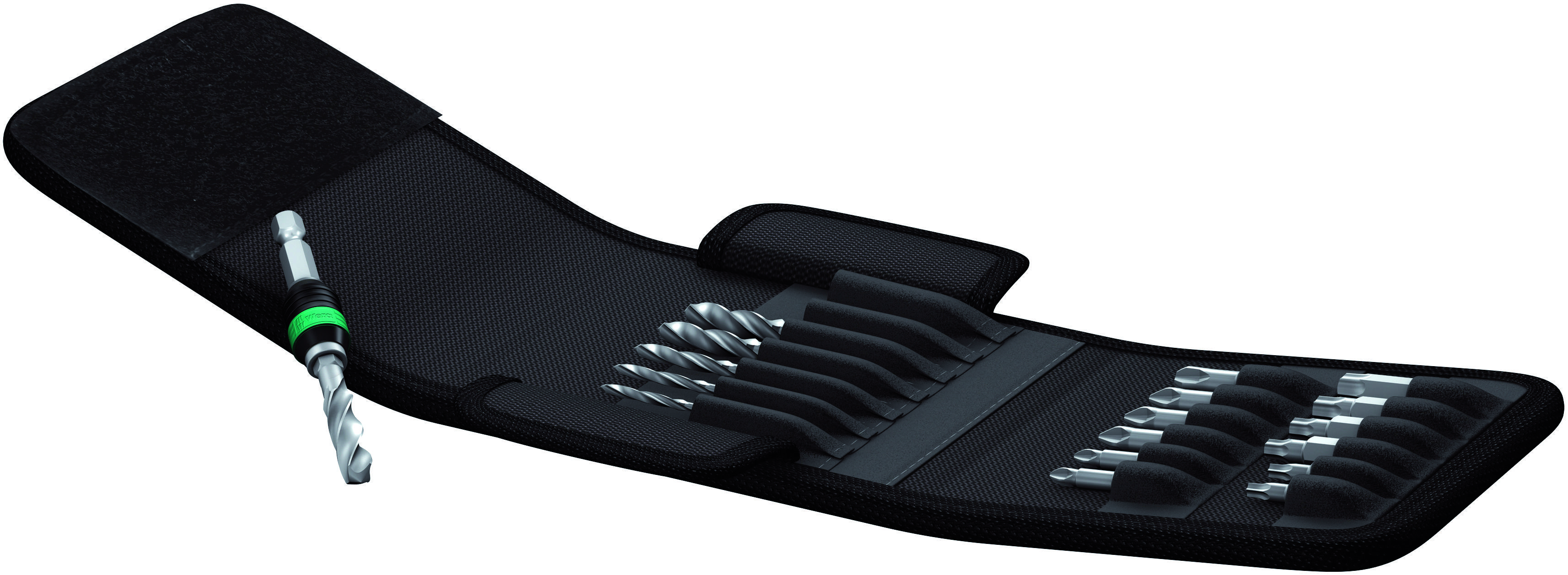 Ein Satz Bohrer und Schraubendreherbits in einer aufklappbaren schwarzen Tasche; enthält mehrere Bits verschiedener Größen.