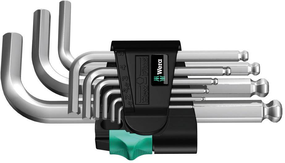 Satz von neun L-förmigen Inbusschlüsseln in verschiedenen Größen, gehalten von einem schwarzen Halter mit grünem Element.